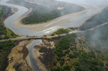 Karaaf wetlands - aerial of confluence of two creeks that empty into the ocean
