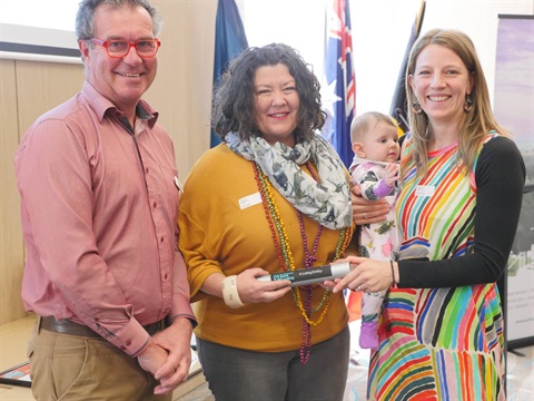 Cr Martin Duke with Arts Development Seed Fund recipients Clare Walton and Maxine Bazeley with child Delfi_.jpg