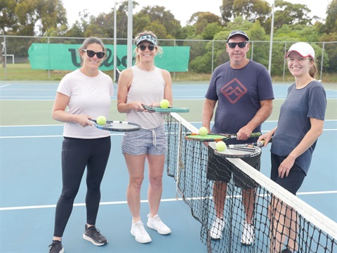 L-R Jacqui Burton, Laura Winch, Surf Coast Tennis Club vice president Peter Hubacek and Irina Baleanu-Mackinlay.JPG