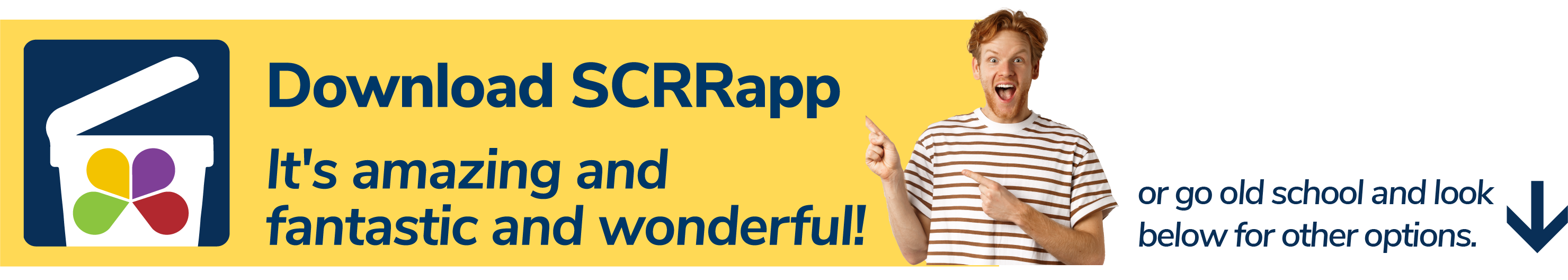 man pointing to a message about SCRRApp with a surprised face