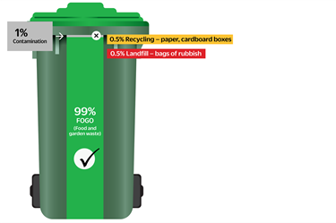 Illustration of a green FOGO bin showing 1% contamination coming from paper/cardboard and bags of rubbish