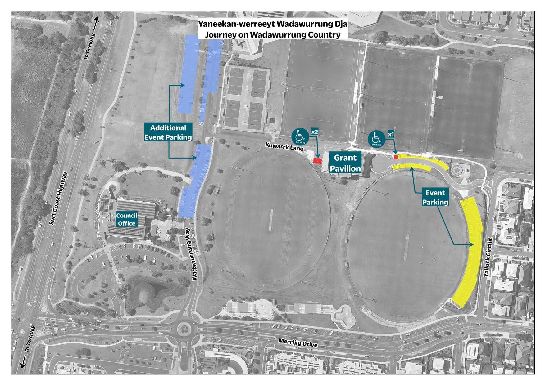 map showing parking areas around Grant Pavilion