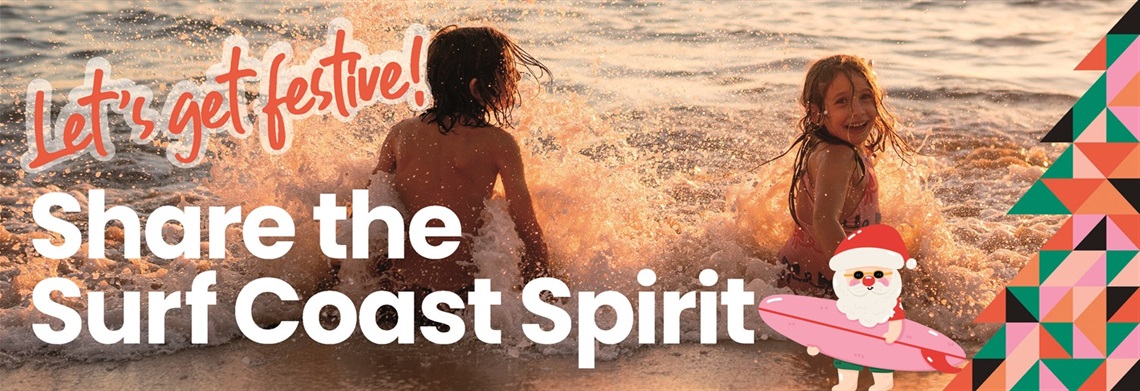 Two kids sitting on the beach with the words Share the Surf Coast Spirit Two kids sitting on the beach with the words Share the Surf Coast Spirit