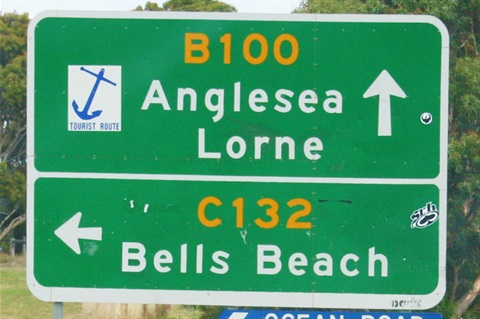 Road sign for Anglesea, Lorne and Bells
