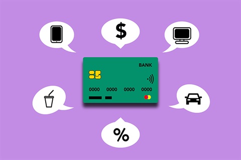icon on credit card and food travel phone computer etc